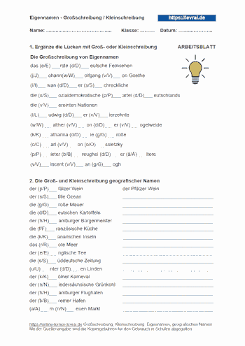 Arbeitsblätter zur Groß- und Kleinschreibung von geographischen Namen und Eigennamen.