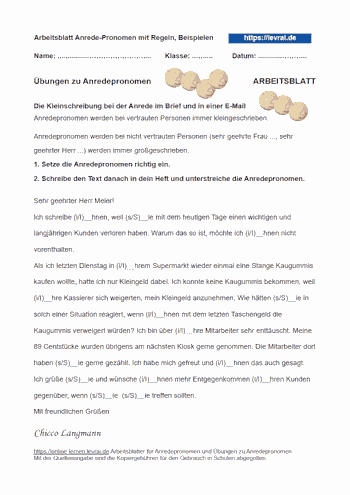 Arbeitsblätter: die Groß- und Kleinschreibung von Anredepronomen.