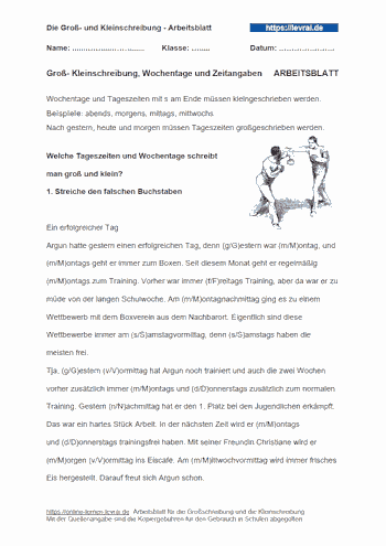 Arbeitsblatt für die Groß-und Kleinschreibung von Zeitangaben.