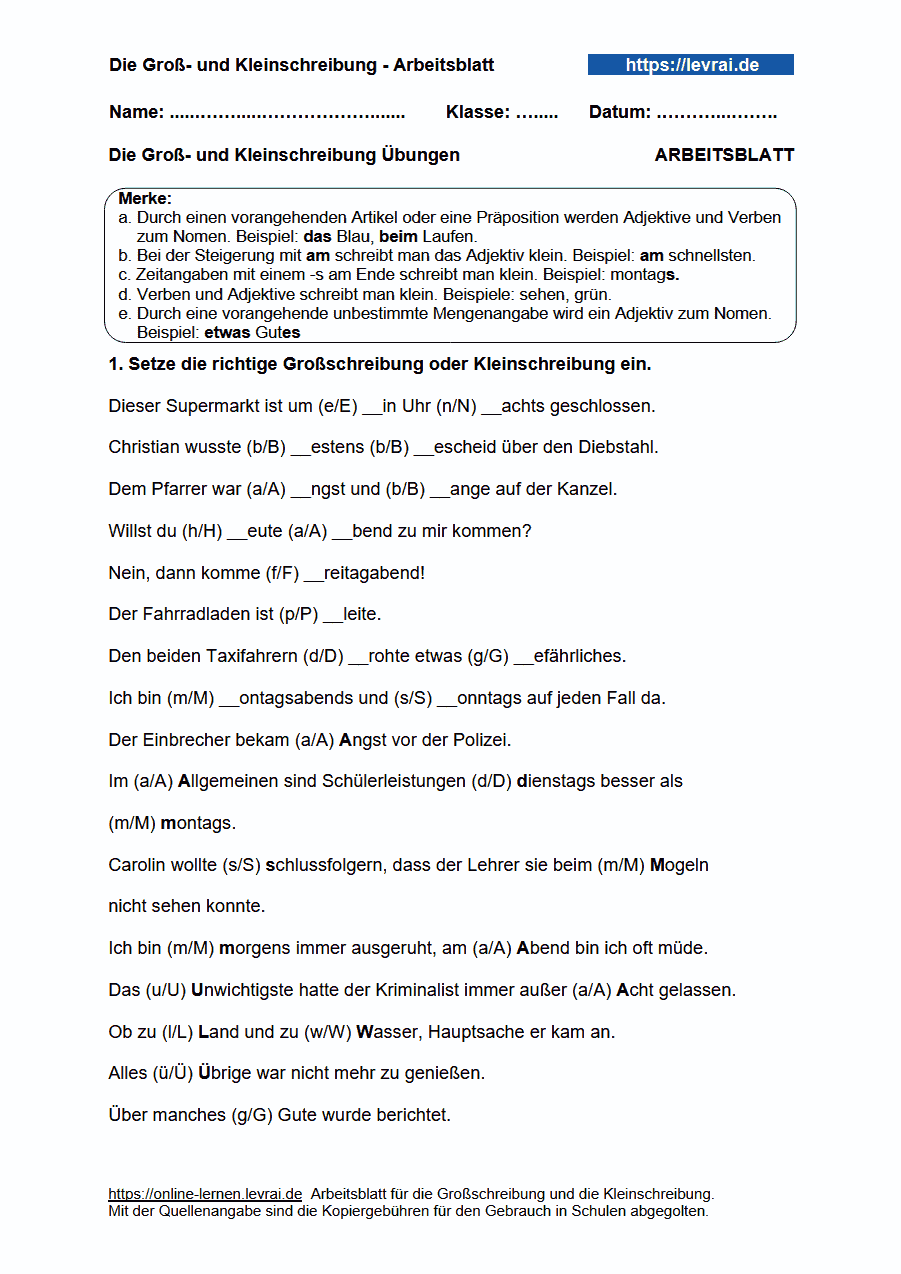 übungen Für Groß Und Kleinschreibung