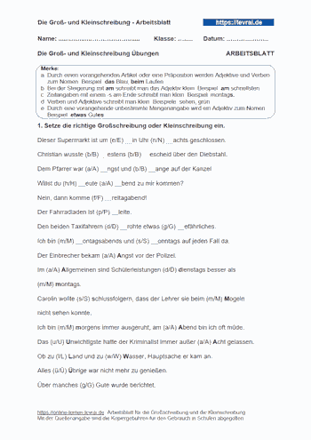 Arbeitsblatt für die Groß-und Kleinschreibung