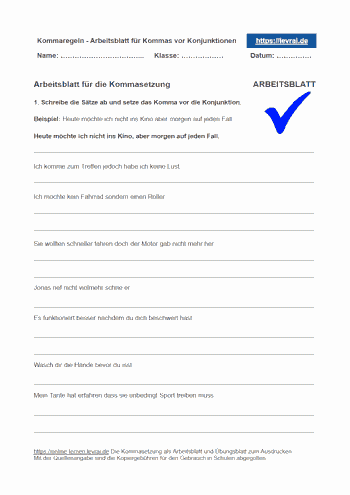Die Kommasetzung mit einem Arbeitsblatt und Lösungen üben