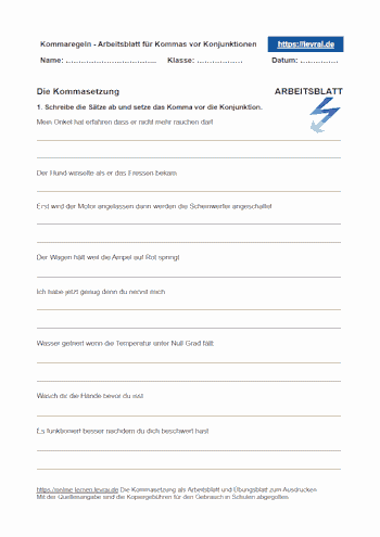 Die Kommasetzung mit einem Übungsblatt und Lösungen lernen.