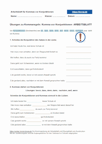 Die Kommasetzung mit Kommaübungen, Konjunktionen und Lösungen lernen.