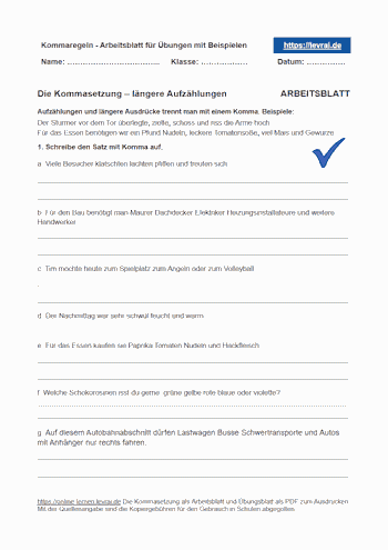 Die Kommasetzung mit einem Arbeitsblatt und Lösungen üben.