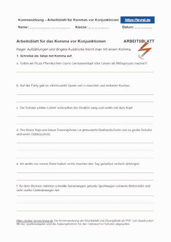 Die Kommasetzung mit einem Arbeitsblatt und Lösungen üben
