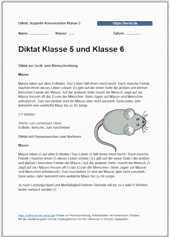 Diktat Arbeitsblatt für Klasse 5 und Klasse 6 - kostenlos.