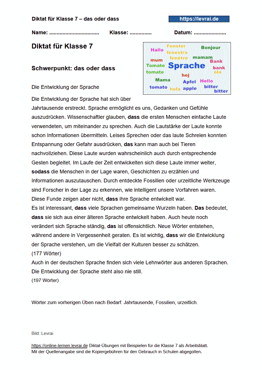 Diktat Arbeitsblatt Klasse 7