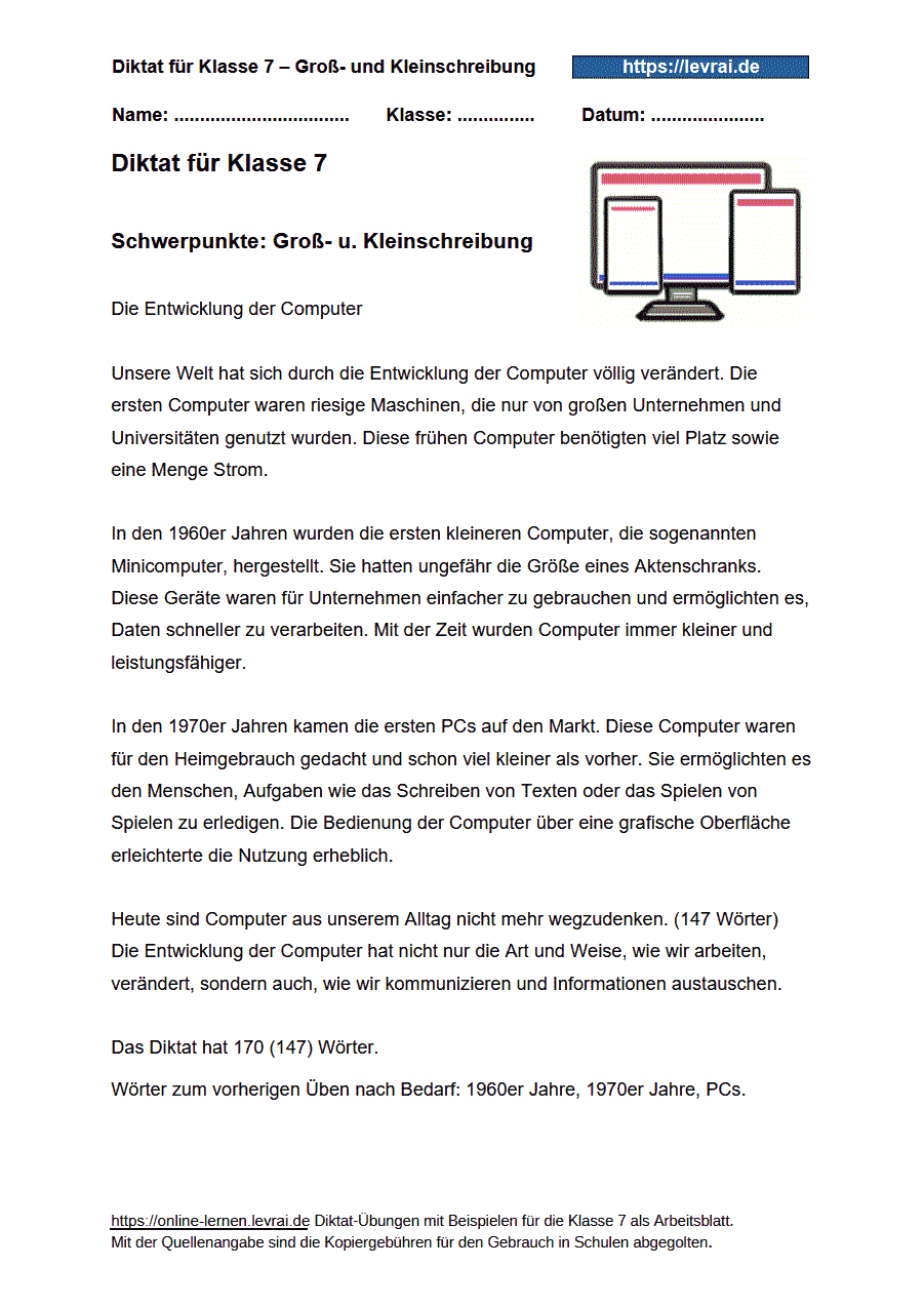 Diktat Arbeitsblatt Klasse 7