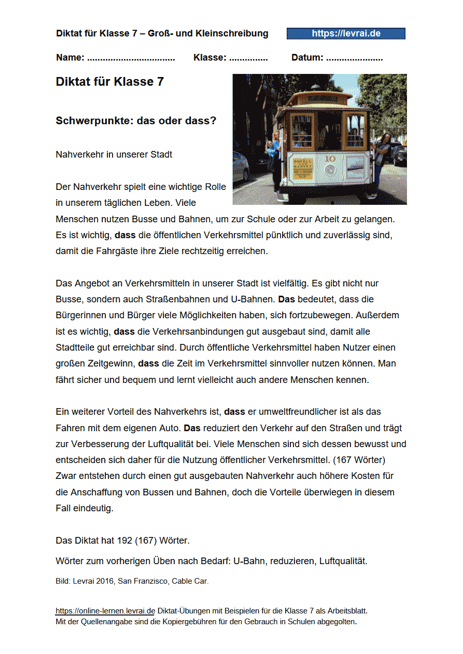 Diktat Arbeitsblatt Klasse 7