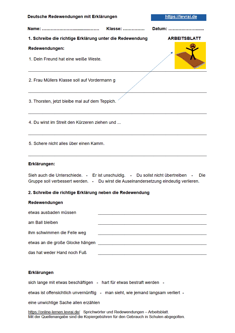 Arbeitsblatt für Redewendungen.