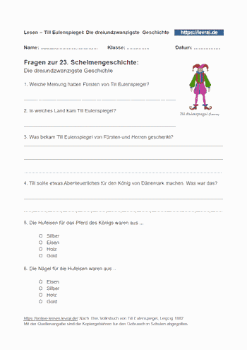 Fragen als Arbeitsblatt für die 23. Schelmengeschichte.