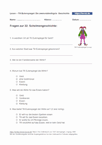 Fragen als Arbeitsblatt für die 32. Schelmengeschichte.