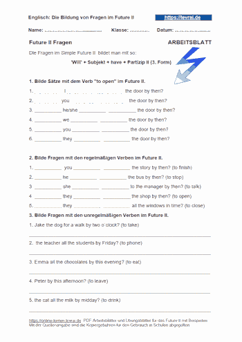Arbeitsblatt für die Bildung des Future II / will future.
