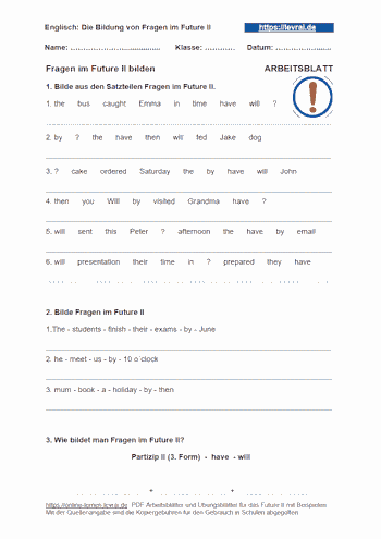 Arbeitsblatt für die Bildung des Future II / will future.