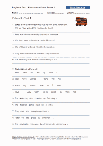 Arbeitsblatt für die Bildung des Future II / will future.