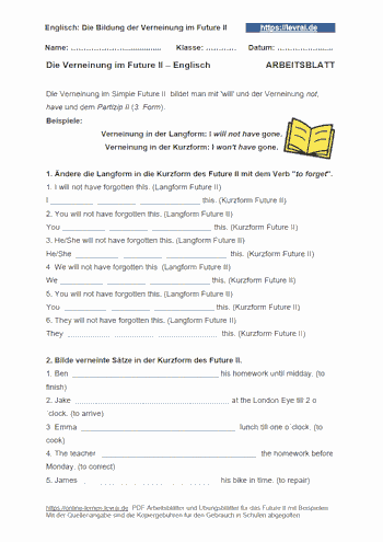 Arbeitsblatt für die Bildung des Future II / will future.