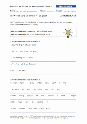 Arbeitsblatt für die Bildung des Future I / will future.