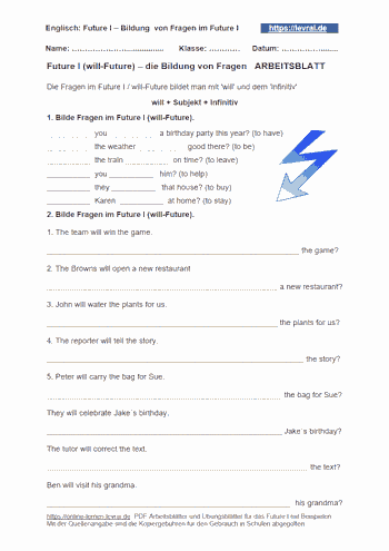 Arbeitsblatt für Fragenn im Future I / will future.