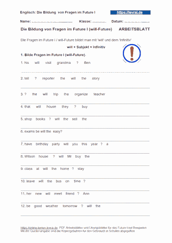 Arbeitsblatt für den Satzbau im Future I / will future.