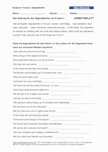 Arbeitsblatt für Signalwörter im Future I / will future.
