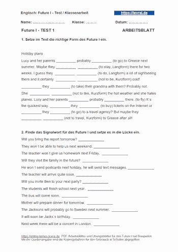 Arbeitsblatt für das Future I / will future.