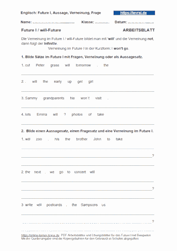 Arbeitsblatt für das Future I / will future - Verneinung.