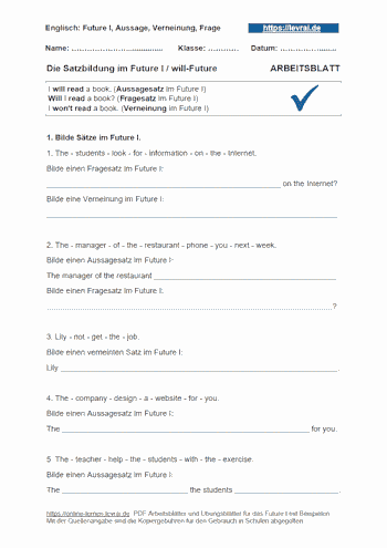 Arbeitsblatt für das Future I / will future negative.