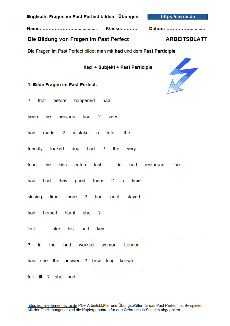 Arbeitsblatt für das PastPerfect.