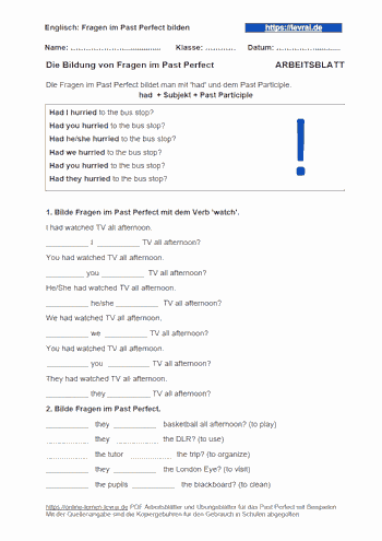 Arbeitsblatt und Übungsblatt für das PastPerfect in Klasse .