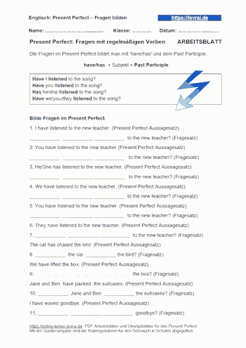 Arbeitsblatt für die Bildung von Fragen im Present Perfect.