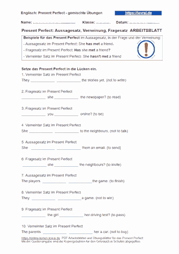 Arbeitsblatt für das Present Perfect mit Fragen und Verneinung.