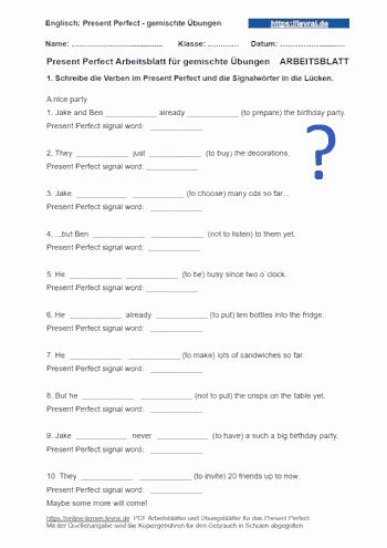 Arbeitsblatt für das Present Perfect mit Signalwörtern.