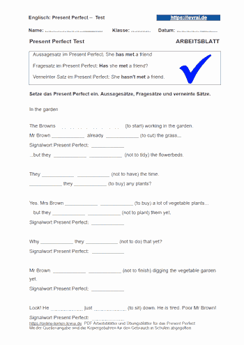 Arbeitsblatt als Test für das Present Perfect.