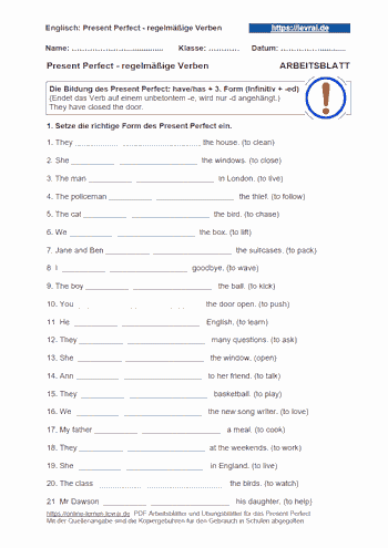 Arbeitsblatt für das Present Perfect mit regelmäßigen Verben.