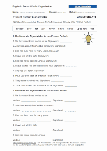 Arbeitsblatt für Signalwörter im Present Perfect.