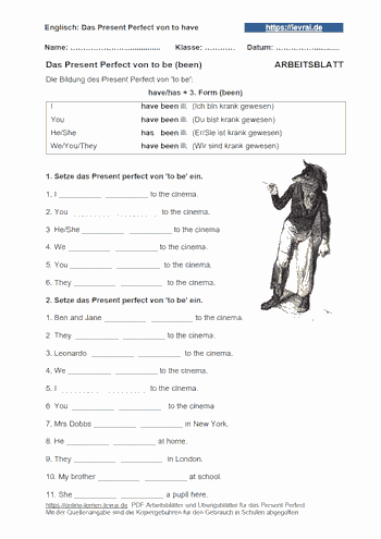 Arbeitsblatt für das Present Perfect für die Konugation von to be.