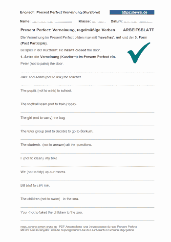 Arbeitsblatt für die Verneinung im Present Perfect.