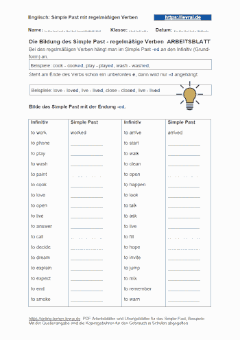 Arbeitsblatt und Übungsblatt für die Bildung des Simple Past mit der Endung -ed.
