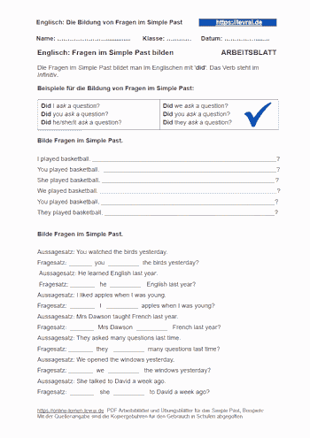 Arbeitsblatt für die Bildung von Fragen im Simple Past.