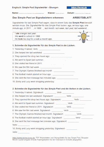 Arbeitsblatt und Übungsblatt für Simple Past Signalwörter.