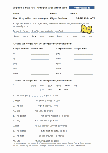Arbeitsblatt für unregelmäßige Verben im Simple Past.
