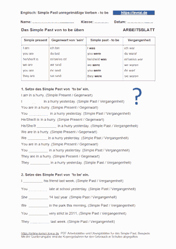 Arbeitsblatt und Übungsblatt für das Verb to be im Simple Past.