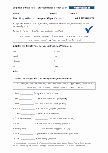 Arbeitsblatt und Übungsblatt für unregelmäßige Verben im Simple Past.