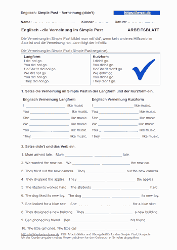 Arbeitsblatt für die Verneinung im Simple Past.