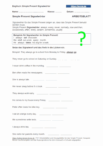 Arbeitsblatt für Signalwörter im Simple Present