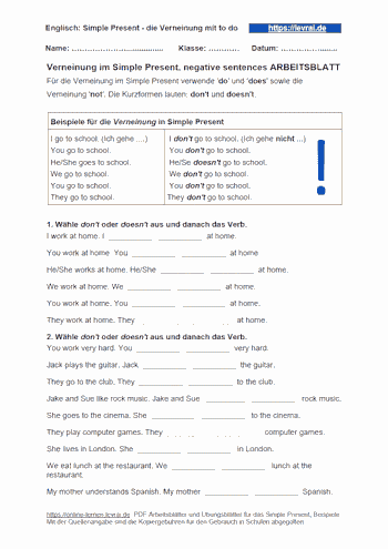 Arbeitsblatt für die Verneinung