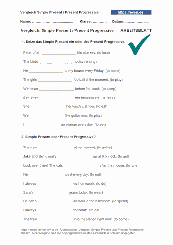 Arbeitsblatt für den Vergleich vom Simple Present und Present Progressive