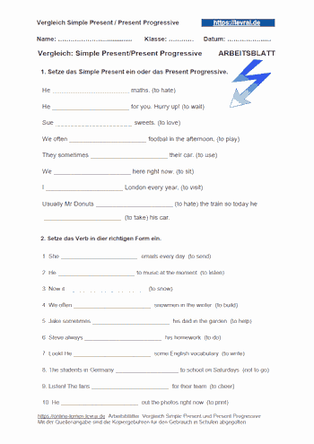Arbeitsblatt für den Vergleich vom Simple Present und Present Progressive
