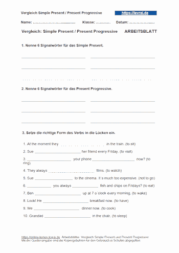 Arbeitsblatt für den Vergleich vom Simple Present und Present Progressive